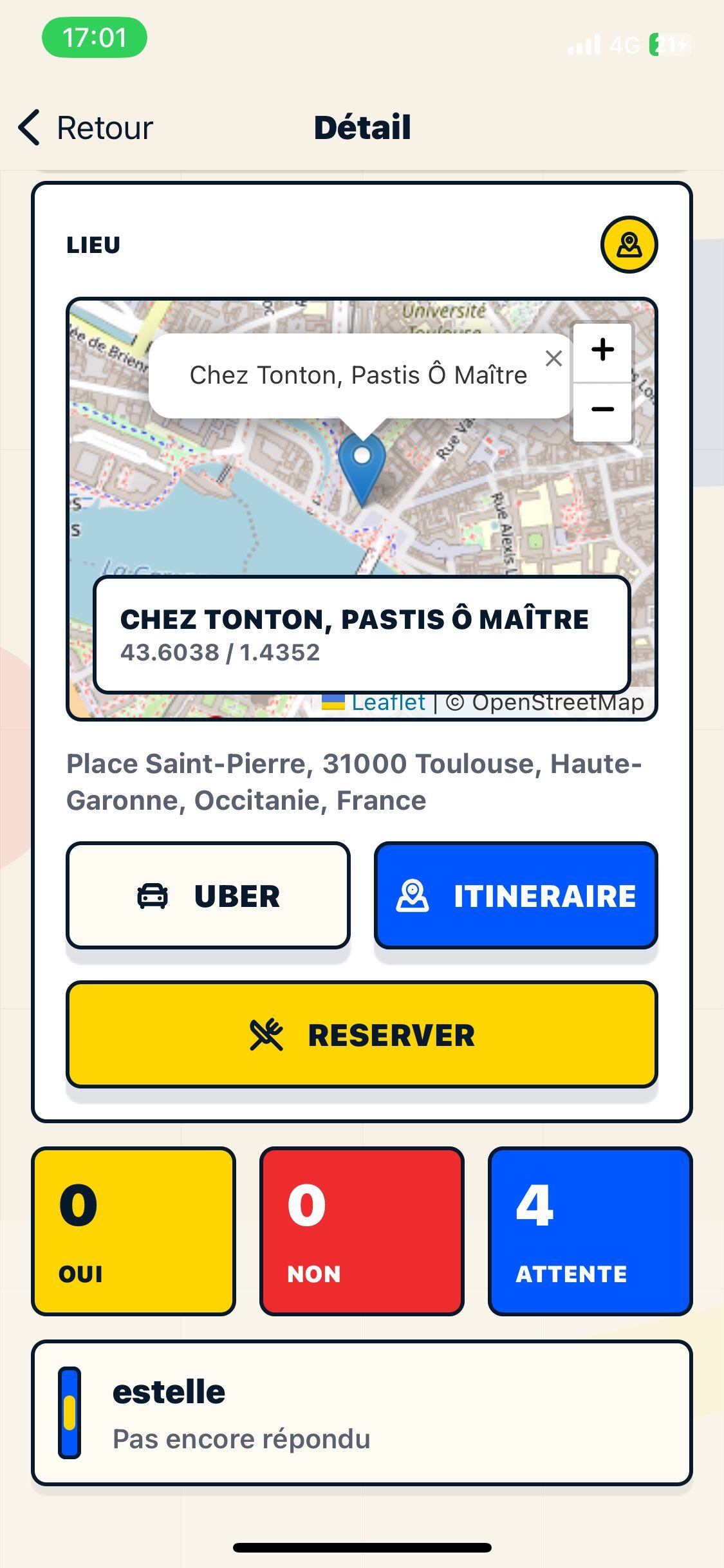 Capture de l'ecran de detail d'un lieu avec reservation et itineraire