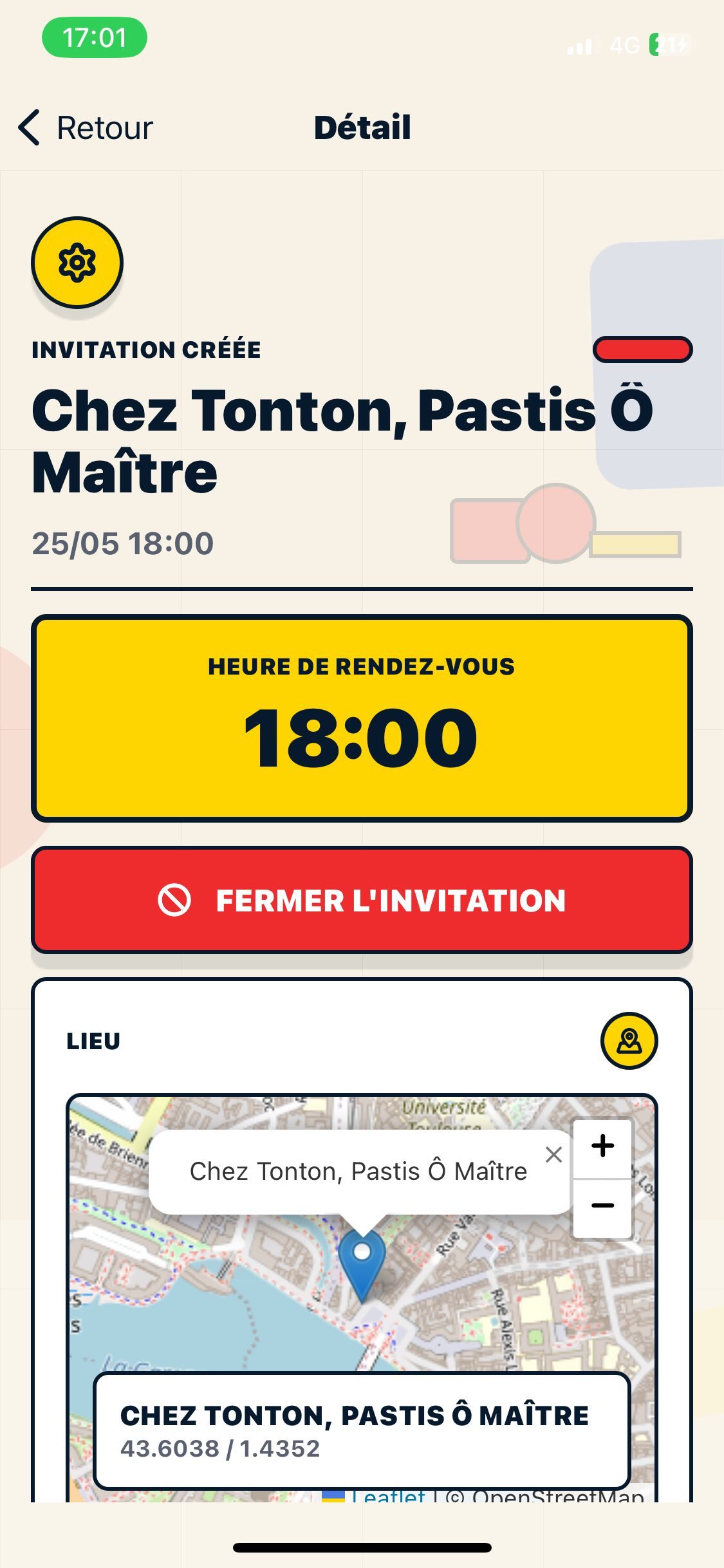 Capture de l'ecran de detail d'une invitation sur Mates